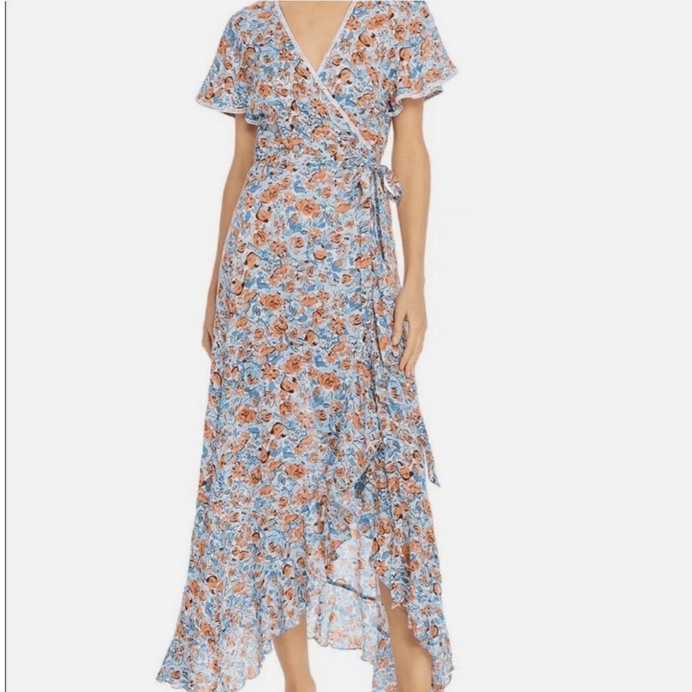 Poupette St. Barth Joe Ruffle Floral Maxi Wrap Dress Orange Blue Size XS